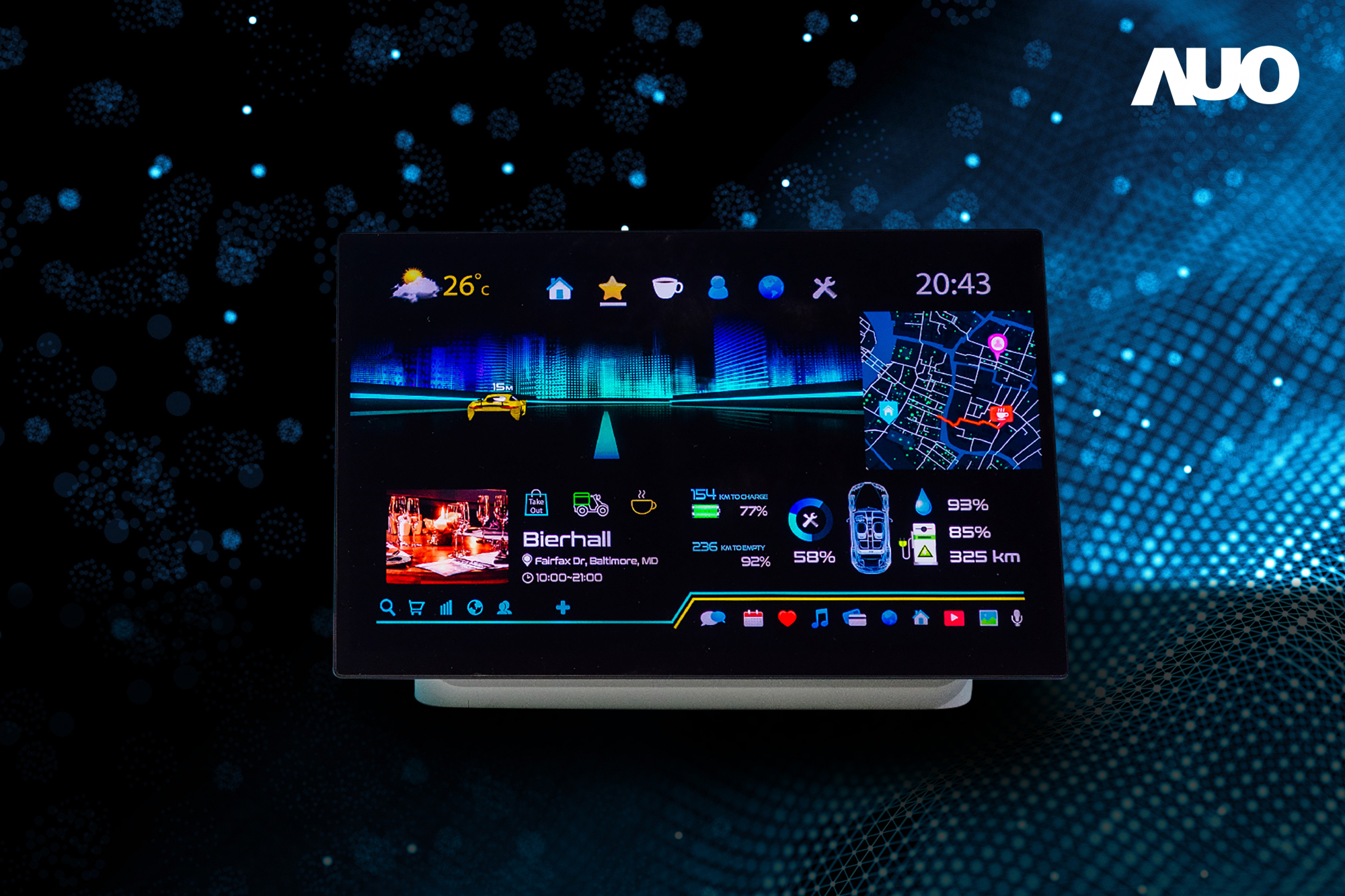 友達16吋超高色域車載中控獲得2025顯示器元件產品技術獎之面板模組類傑出產品獎，首次在車載領域採用藍光COB（LED chip-on-board）搭載量子點（Quantum Dot）膜之Mini LED解決方案實現廣色域