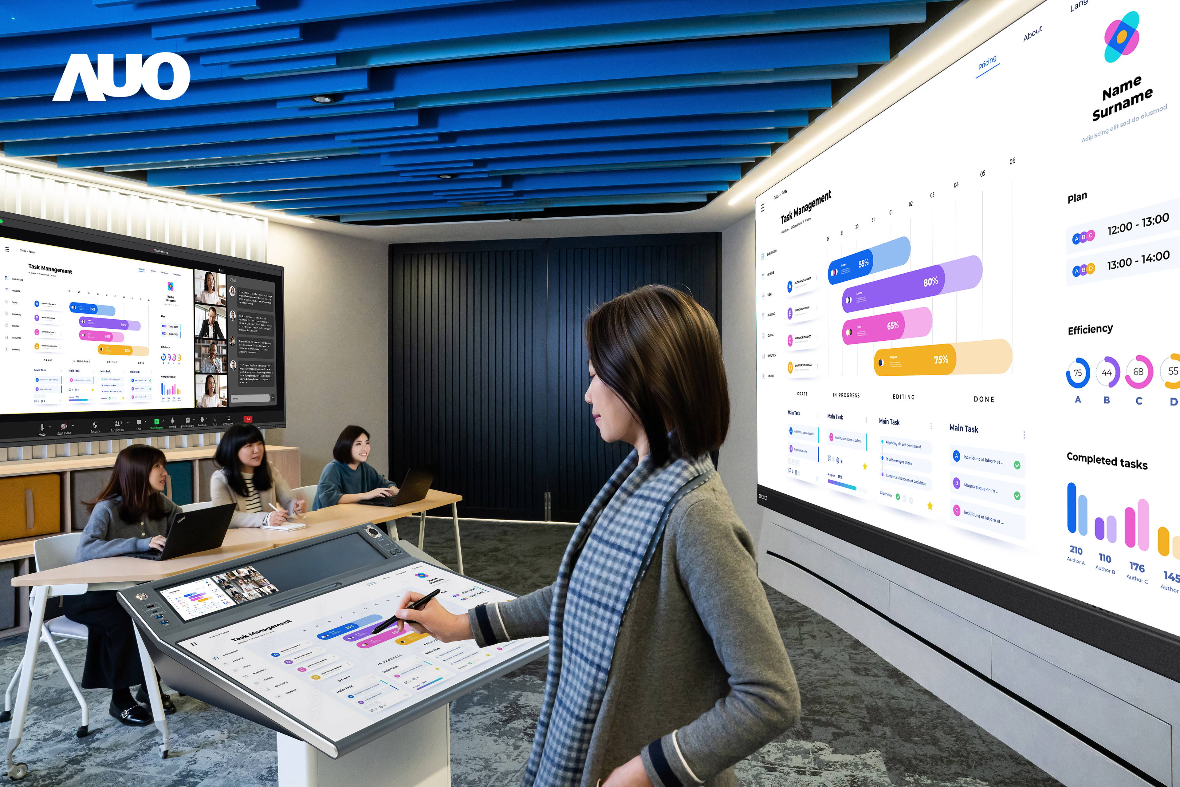 达擎携手Avocor与Rise Vision展示全方位商务领域应用，包含采用模块化设计的138吋一体式All-in-One LED显示器及具21:9超宽比例的92吋交互式电子白板（IFPD），讲者可轻松分享内容，有效提升会议协作效率。